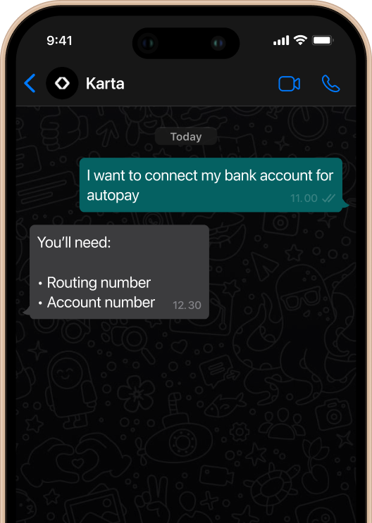 iPhone WhatsApp chat with Karta concierge showing routing and account numbers.